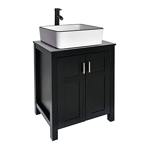Puluomis 24” Bathroom Vanity Sink Combo Black Cabinet Vanity and White Ceramic Vessel Sink with ORB Faucet & Pop Up Drain Puluomis 24” Bathroom Vanity Sink Combo Black Cabinet Vanity and White Ceramic Vessel Sink with ORB Faucet & Pop Up Drain