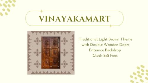 Image of Lakshmi Devi backdrops Cloths for Decoration | Traditional Light Brown Theme with Double Wooden Doors Entrance Backdrop Cloth 8x8 Feet | Traditional Backdrop Decoration Cloth