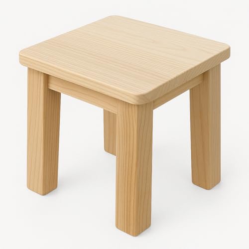Taburete Cuadrado en Pino, en Madera Maciza. Medidas (Ancho/Fondo/Alto): 21*21*21 cms. Muy Resistente. En Madera en Crudo, se Puede Pintar.