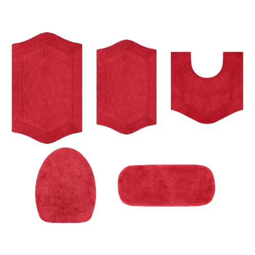 Home Weavers Waterford Collection 100% Cotton Tufted Bath Rug, Extra Soft and Absorbent Bath Rugs, Non-Slip Plush Bath Carpet, Machine Wash Dry, Bath Mats for Bathroom Floor, 5 Piece Set, Red