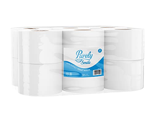 Blake & White 2 Ply Mini Jumbo Toilet Rolls 12 Pack - Purely Smile Super Absorbent 60mm Toilet Paper for Home & Leisure Centers - Ultra Durable Tissue Roll