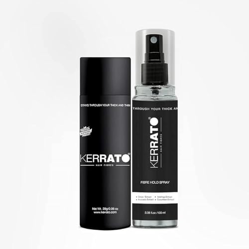 Image of Kerrato Hair Fibres Combo Pack - 28g Jet Black Hair Fibers & 100ml FibreHold Spray | Instant Hair Loss Concealment | Long-Lasting, Natural Look | Safe & Effective Hair Thickening Solution