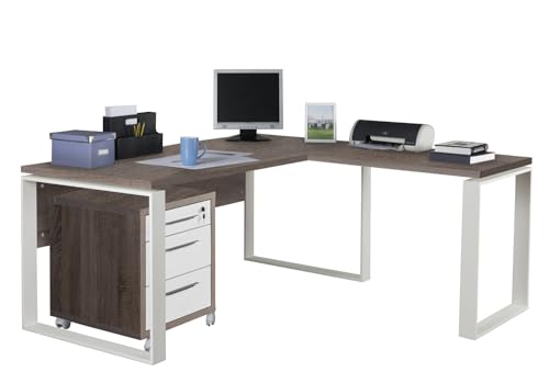 Design Moderno e Funzionale: Il set di mobili per ufficio della Linea Disegno, composto da scrivania angolare e cassettiera, unisce semplicità e linearità del design per creare un ambiente di lavoro moderno e professionale. La scrivania, con il suo ampio piano di lavoro colore Rovere Sonoma, poggia su una robusta struttura portante in metallo verniciato bianco opaco, offrendo uno spazio di lavoro resistente e dal carattere deciso.