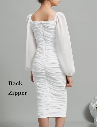 EXARUS Girls Ruched Bodycon Dress Teens Graduation Prom Wedding Party Chiffon Lantern Sleeve Midi Long Dresses2