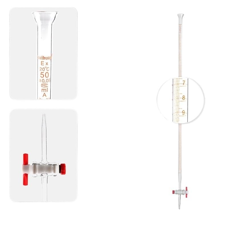 Klasse A Glasbürette mit PTFE-Hahn - Borosilikat 3.3 graduiert für Labortitration, säure- und laugenbeständig, 10ml 25ml 50ml 100ml(White PTFE alkaline/cidic 50ml)