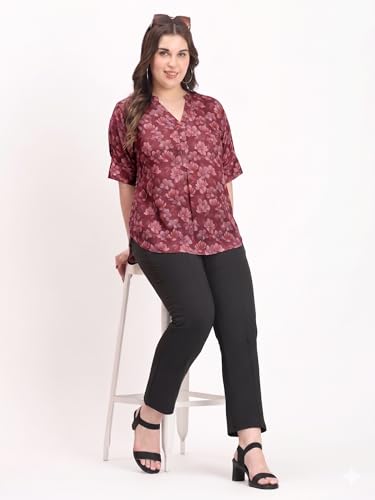 Image of SINDOORI Relaxed Fit Tops for Women Plus Size Solid Printed Mandarin Collar, Band Collar, V-Neck Top, Half Sleeve Loose Fit