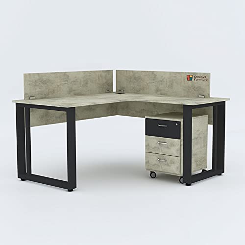 Creative FurnitureWooden Nova Design Series One Seater L-Shape Workstation Table Desk with 3-Drawer Pedestal in Charcoal Grey Laminate Finish(L 1200mm/600mm x D 1200mm/500mm x H 760mm)