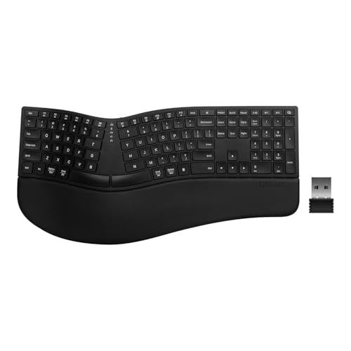 (Upgraded) DELUX Ergonomic Wireless Keyboard w Cushioned Wrist Rest, Wave