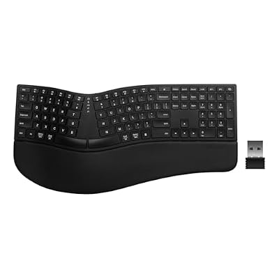 (Upgraded) DELUX Ergonomic Wireless Keyboard w Cushioned Wrist Rest, Wave Keys, 2.4GHz & Bluetooth Connection, Full Size Wireless Rechargeable Computer Keyboard for Windows, Mac OS, Laptop, PC (GM909)
