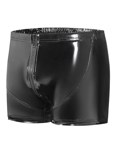 YiZYiF Men's Wet Look PVC Leather Short Solid Liquid Bulge Pouch Open Butt Boxer Shorts Hot Pants2