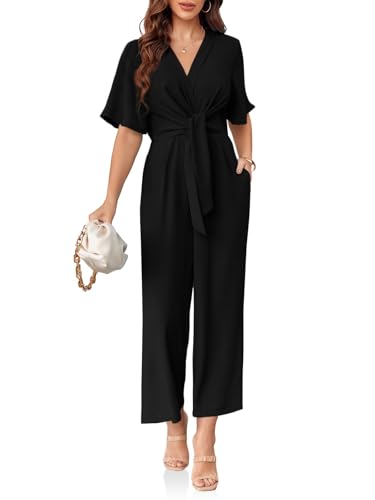 Cicy Bell Women's Elegant V Neck Jumpsuits Dressy Casual Short Sleeve Wide Leg Long Pants Rompers