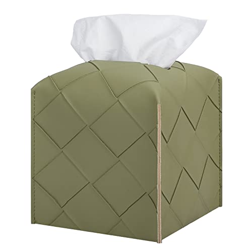 Tissue Box Cover PU Leather Square Tissue Holder Facial Peper Organizer Dispenser for Bathroom, Bedroom, Vanity Countertop, Office, Car, Olive Green