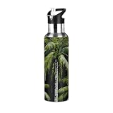 Bouteille d'eau isotherme en métal avec paille, fond noir, palmier, bouteille d'eau de 600 ml