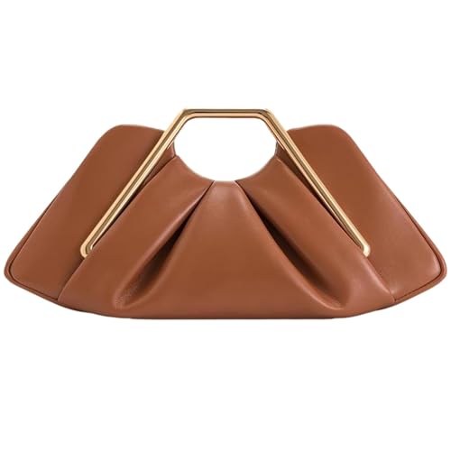 Bolsa de mão feminina plissada de metal elegante em couro em forma de nuvem mini bolsas de noite com fecho magnético, Marrom claro