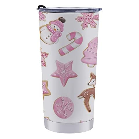 Watercolor Pink Gingerbread 20oz Travel Tumbler Christmas Cookies Insulated Water Cup with Spill-proof Lid Cup Holder Friendly Stainless Steel Vacuum Double Wall Mug for Car for Hot Cold Drinks One Si Cover