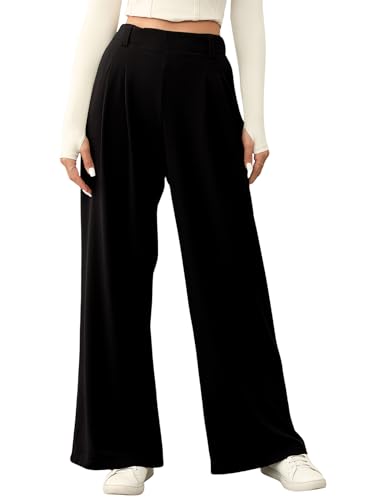 EVALESS Wide Leg Fleece Lined Pants for Women Elastic High Waisted Business Work Casual Waffle Knit Black Trousers 2025 Fall Winter Trendy Palazzo Pants Slacks with Pockets Petite Small