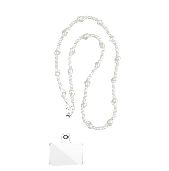 Image of KHOLAD White Bow Phone Chain Crossbody Pearl Strap | 2in1 Wrist & Shouler Crossbody Lanyard | Pearl Beads Charms Chain with Phone Tether Patches | Compatible with Most Phones, Bag, Purse