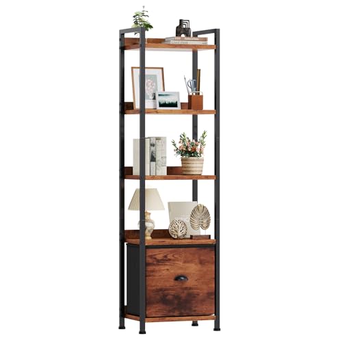 Image of DUMOS 5 Tier Bookshelf with Fabric Drawer, Tall Industrial Bookcase, Narrow Display Standing Shelf, Wood and Metal Storage Shelf Organizer in Bedroom, Living Room, Brown
