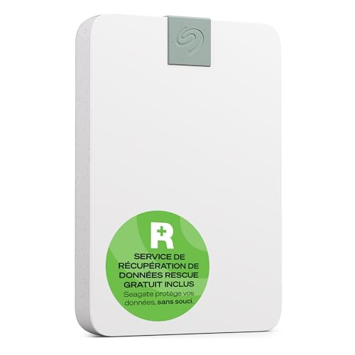 Seagate Ultra Touch HDD, 2 To, Disque dur externe, blanc, matériaux recyclés, USB-C compatible PC, Mac et Chromebooks, Dropbox et Mylio inclus, 2 ans Rescue Services (STMA2000400)