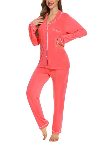 Image of Button Up Pajamas for Women Long Sleeve Sleepwear Soft Loungewear Ladies Pjs Set XS-XXL