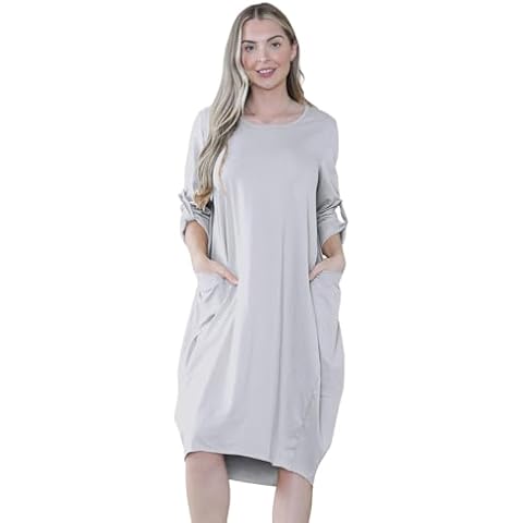 Janisramone® Womens Italian Summer Dress Stylish Baggy Lagenlook Turn Up Sleeve Midi Dress with Pockets Grey Cover