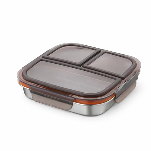 Image of Motka 304 Stainless Steel Lunch Box 600ml with 3 Compartments, Leakproof Bento Tiffin Box with Sealed Lid and 4 Lock Clips for School, Office, Kids, Adults, Travel and Daily Meals-Black Lid