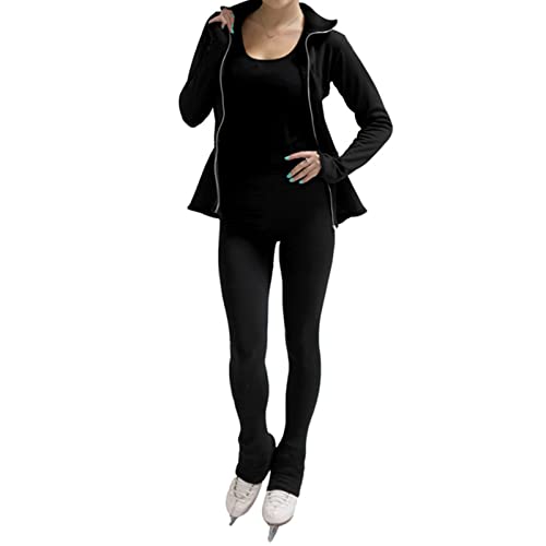 Dagord Figure Skating Training Suit, Elegant Solid Color Flared Hem Elastic Warm Women's Girl's Ice Skating Training Jackets And Pants Leggings Sets,3Xl,Black #TOP1