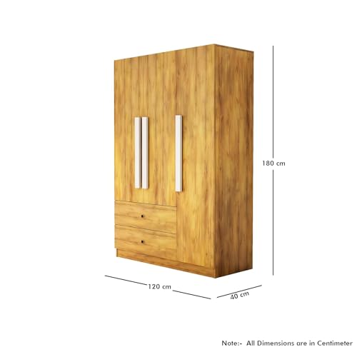 Image of Bniture Wooden Almirah for Clothes, Door for Bedroom, 3 Door Wardrobes with 2 Drawer & Hanging Space (40D x 120W x 180H CM) | 3 Year Warranty (Giant Wood)