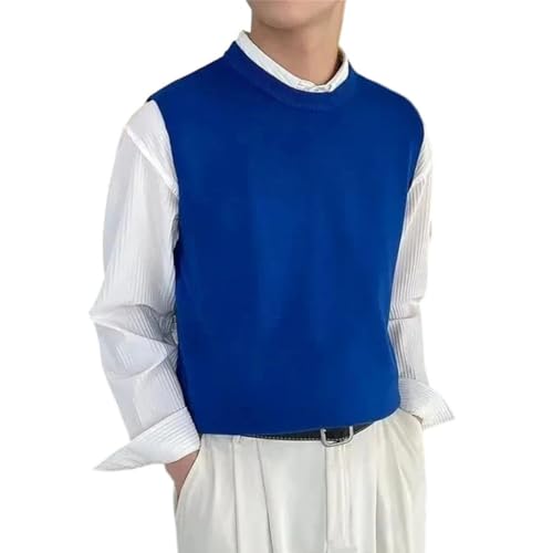 Men's Sleeveless Waistcoat Knit Sweater Crew Neck Plain Blue Vest Solid Color Warm Pullover