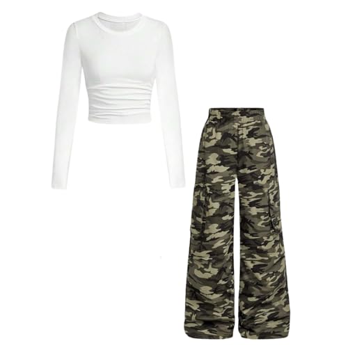 Image of Azmxynol Girls Clothes 2 Piece Outfit Ribbed T-Shirt Top + Cargo Pants, Girls Fall Clothing Set, Sizes 5-16 Years