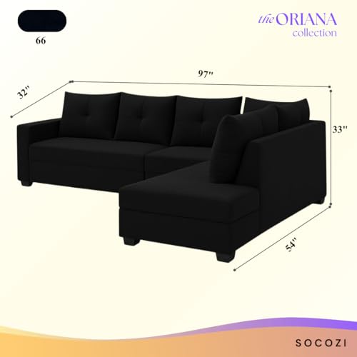 Image of SOCOZI Oriana 6 Seater RHS L Shape Sofa Set | Soft Velvet Suede Fabric | Modern Design | Plush Comfort Cushions for Living Room (Black)