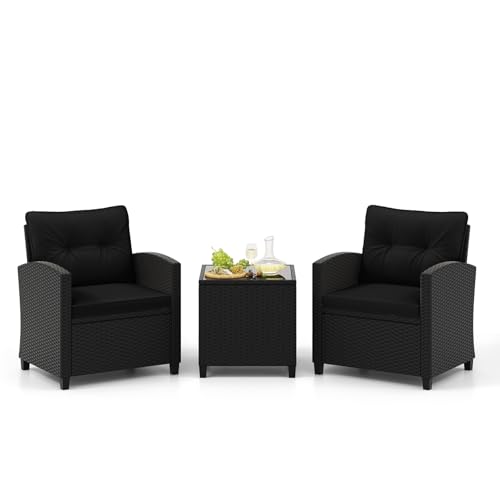 Image of Tangkula 3 Piece Patio Furniture Set, Rattan Conversation Set w /Soft Seat & Back Cushions, Tempered Glass Topped Coffee Table, Cushioned Wicker Seating Set for Backyard, Porch, Poolside (Black)