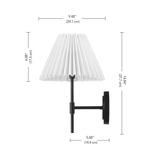 Image of Globe Electric 1-Light Wall Sconce, Matte Black, White Pleated Fabric Shade, E12 Base Socket, Candelabra Bulb, Living Room Lighting, Home Essentials, Decor, Bedroom, Mounted Bedside Lamp