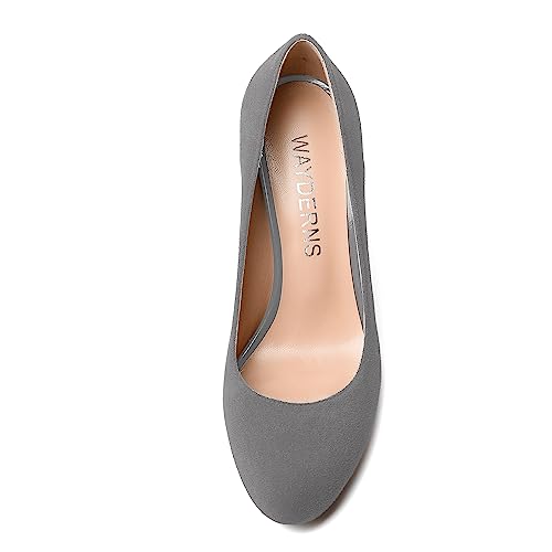 WAYDERNS Womens Solid Office Suede Slip On Dress Round Toe Spool High Heel Pumps Shoes 3.3 Inch3