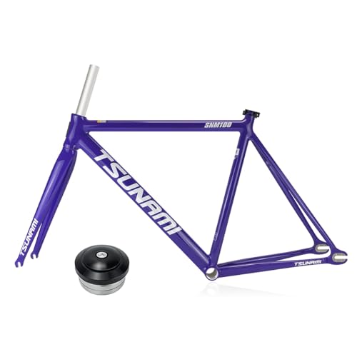 HWEVDHJ Fixed Gear Bike Frameset 700C Aluminum Alloy Racing Track Bike Frames 49/52/55/58cm C Brake Bike Frame QR 100/120mm with Fork(Purple-White,52cm)