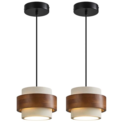 JXJYHL Modern Cement Pendant Light Fixture,White Concrete Pendant Lights with Wood Accent,Vintage Farmhouse Chandelier for Kitchen Island Dining Room Living Room Bedroom Cafe(White 2-Pack 7.87in)