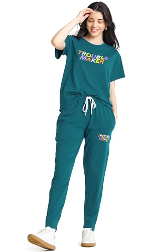 Image of ZEYO Night Suit for Women's Typography Printed Cotton Night Dress of Top and Joggers