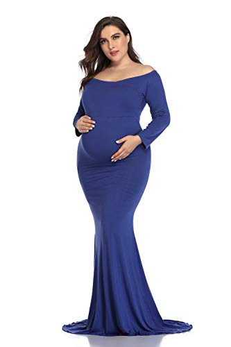Mommy Jennie Long Sleeve Maternity Dress for Photoshoot Stretchy Pregnancy Fitted Gowns for Baby Shower,Royal Blue,M