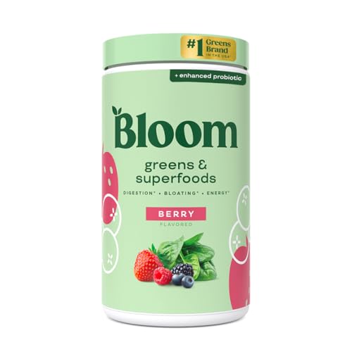 Bloom Nutrition Superfood Greens Powder, Digestive Enzymes with Probiotics and Prebiotics, Gut Health, Bloating Relief for Women, Chlorella, Green Juice Mix with Beet Root Powder, 60 SVG, Berry