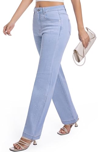 Straight Jeans for Women Cotton Rhinestone Trendy Mid Rise Women's Stretch Jeans3
