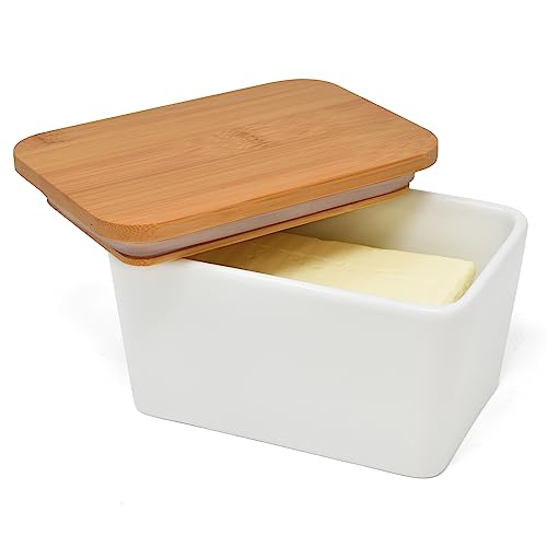 Joeji's Portaburro da Frigo in Ceramica Bianca con Coperchio in Bambù – Burriera 500 ml Ermetica per Burro Fresco – Porta Burro Grande da Tavola per Cucina e Frigorifero