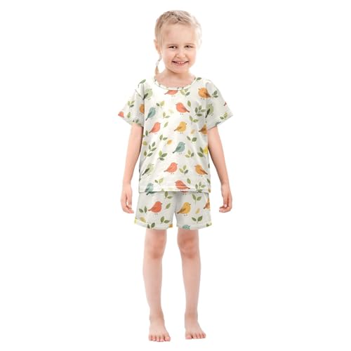 ALAZA Bird Leaves Cartoon Pajamas Set Short Sleeve Cotton Sleepwear Summer Pjs 2 Piece 5-14Y3