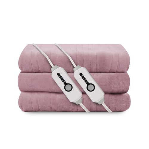 ReyyNio Electric Heated Blanket 84"x90" Queen Size, Soft Fluffy Fabric with 4 Heating Levels & 10 Hours Auto-Off, Machine Washable, Cozy Plush Throw for Couch, Bed & Office, Dual Controllers, Purple