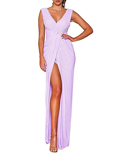 Robe en mousseline de soie lavande de haute qualité avec décolleté plissé C100