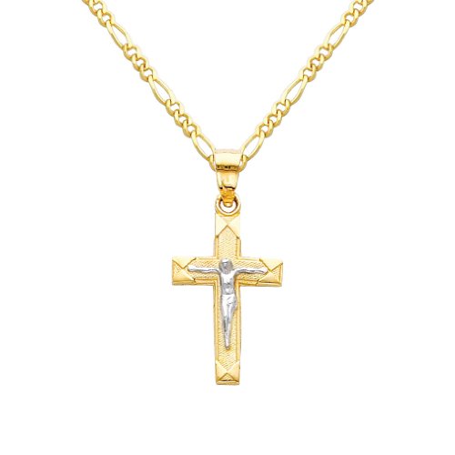 The World Jewelry Center 14k Two Tone Gold Jesus Cross Religious Pendant with 1.6mm Figaro Chain Necklace