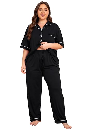 Image of Vozanet Women Plus Size Pajamas Button Down Rayon Softness PJS Classic Sleepwear Short Long Loungewear 2pcs with Pockets