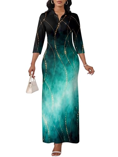 Image of PinkPatty Women's Casual 3 /4 Sleeve Polo V Neck Bodycon Maxi Dress | Semi formal, modest style, long fitted, versatile for church, work, business, office and daily wear