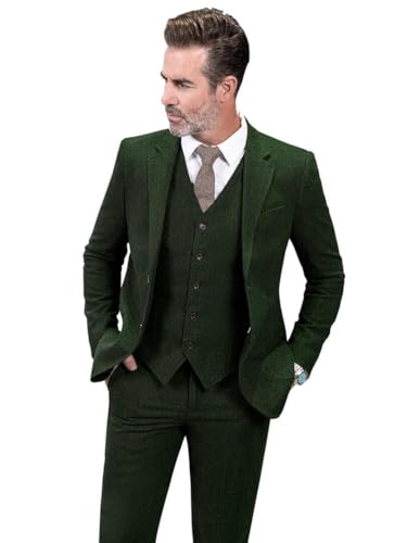 Mens 3 Piece Wool Tweed Herringbone Wedding Suit Prom Tuxedos Peak Lapel Dress