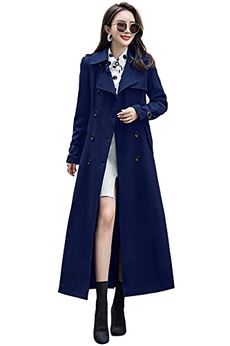 ebossy Women's Double Breasted Duster Trench Coat Slim Full Length Maxi Long Overcoat (Medium, Navy)