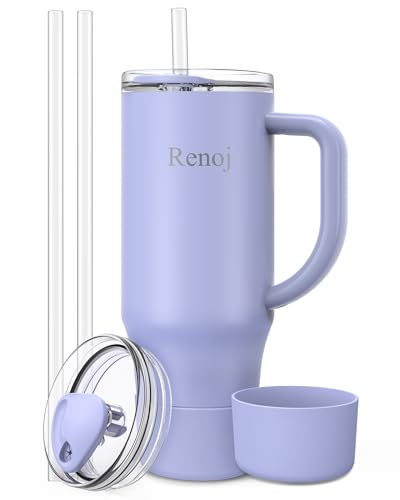 Image of Renoj Insulated Mug 100% Spill Resistant Insulated Water Bottle for Iced Coffee & Hot Drinks - Fits Car Cup Holder, Ideal Gift, 2 Straws & Silicone Boot - FlexSlide Blue 40 oz